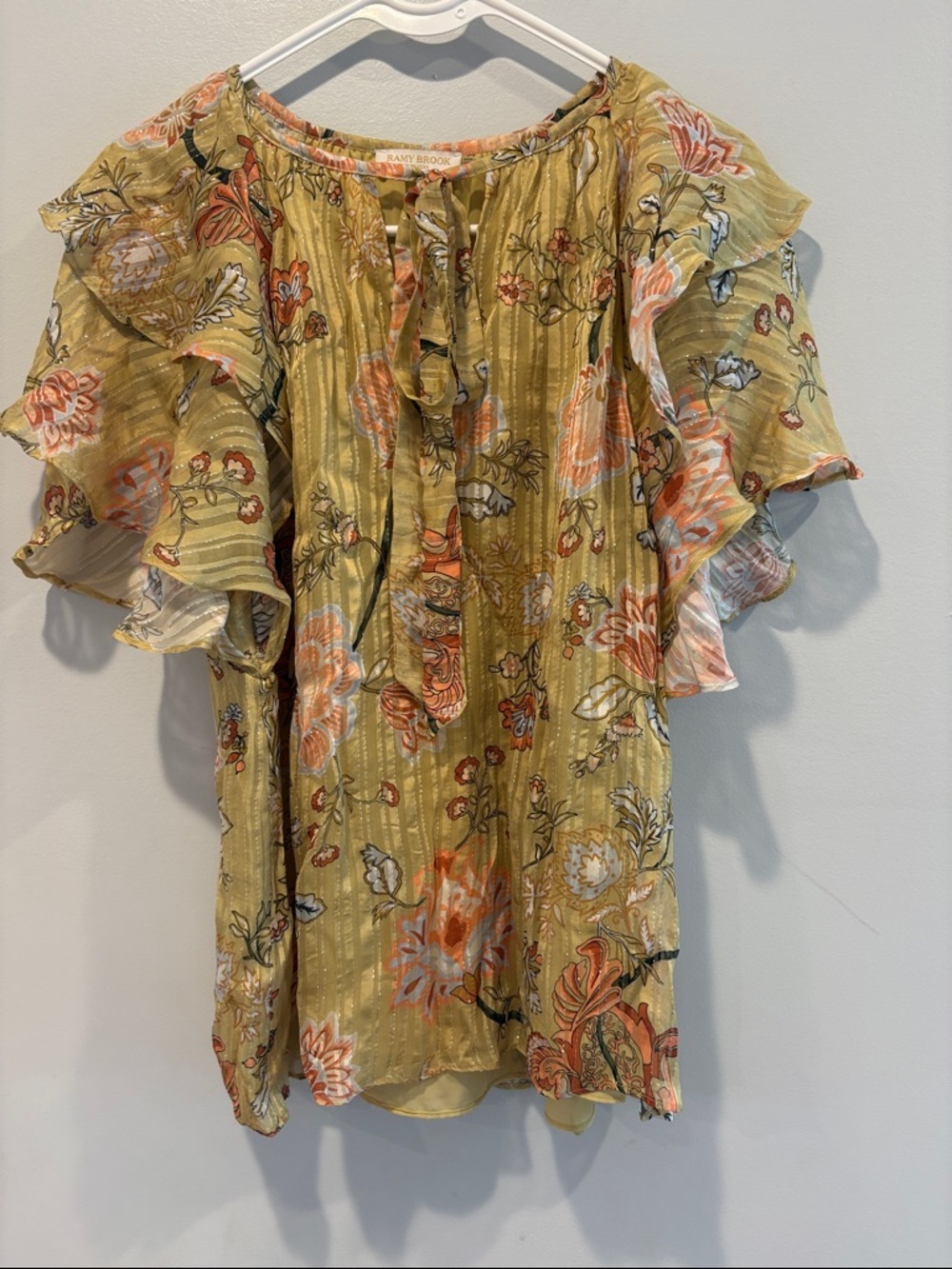 Ramy Brook Mustard Floral Ruffle Sleeve Blouse